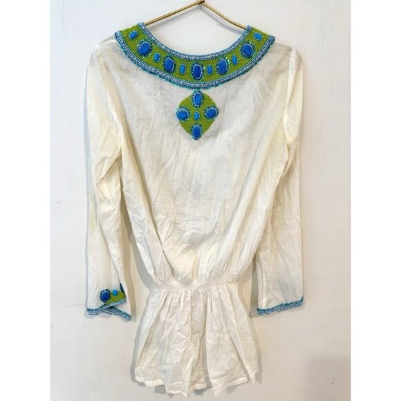 Elizabeth Hurley Beach White Swim Cover Tunic Blue Green Beads Small - Picture 8 of 9